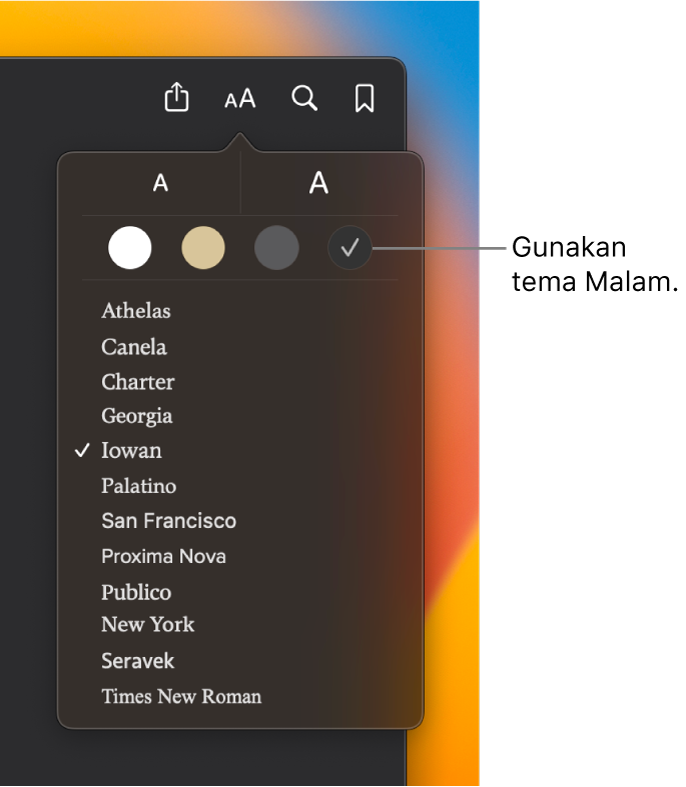 Jendela Buku menampilkan menu Tampilan.