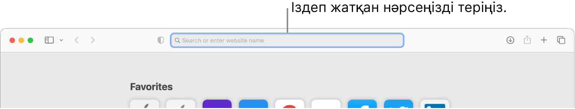 Терезенің жоғарғы жағындағы іздеу өрісіне тілше дерегі бар кесілген Safari терезесі.