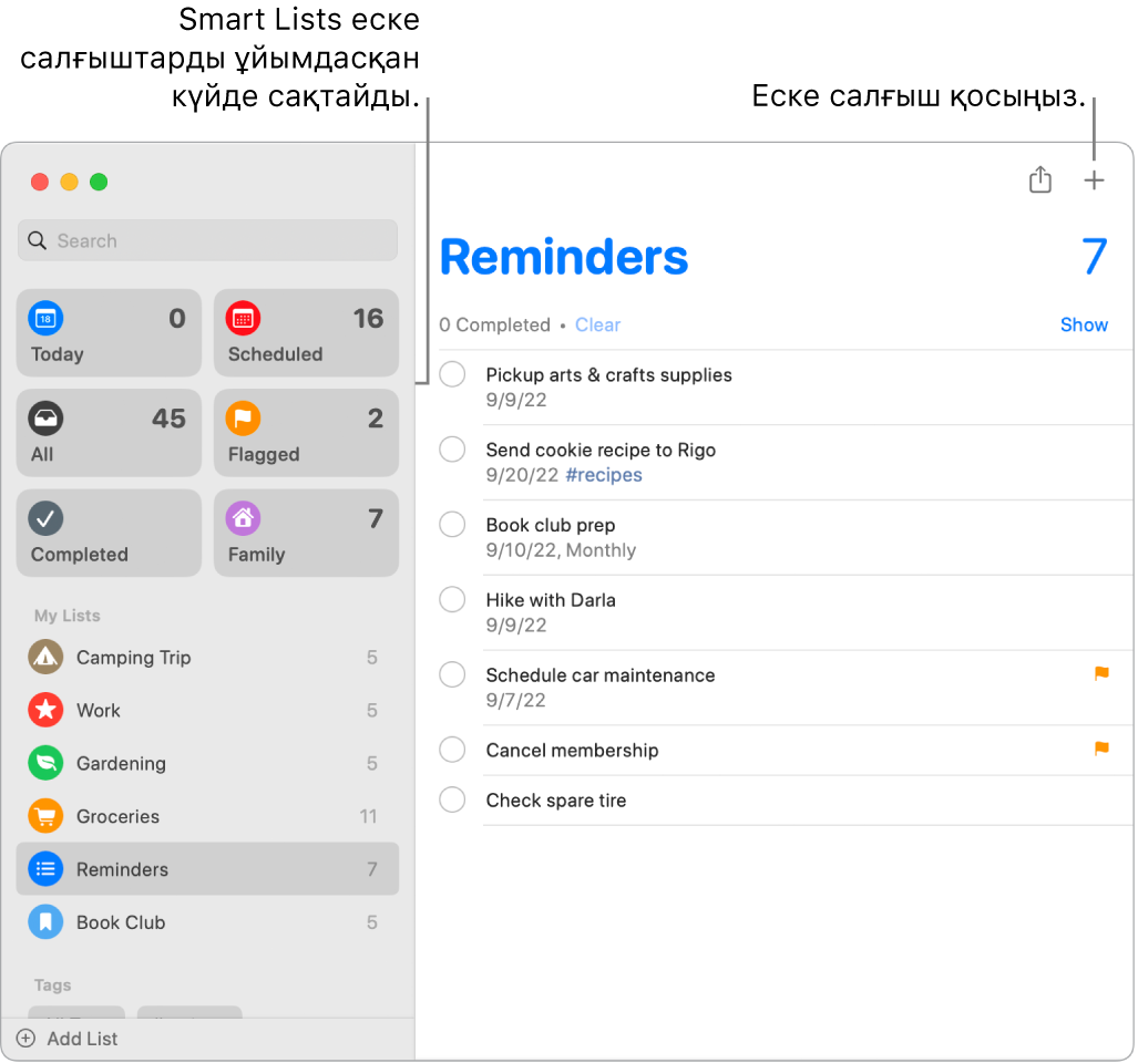 Сол жағында смарт тізімдер, ал төменгі жағында басқа еске салғыштар мен тізімдер бар Reminders терезесі. Меңзер еске салғышта. Smart Lists тізімдеріне және «Add a new reminder» түймесіне тілше деректер бар.