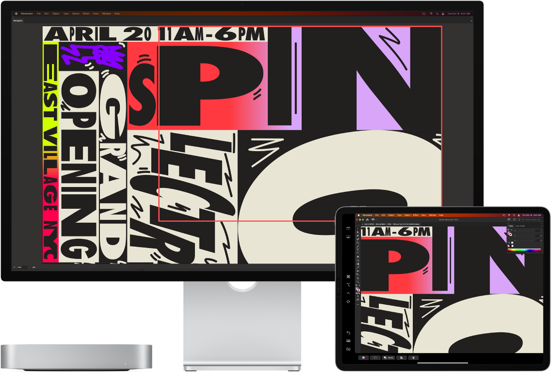 옆으로 나란히 놓여 있는 Mac mini와 iPad. Illustrator의 내비게이터 윈도우 내 아트워크를 표시하는 Mac mini. 도구 막대에 둘러싸인 Illustrator 문서 윈도우의 동일한 아트워크를 표시하는 iPad.