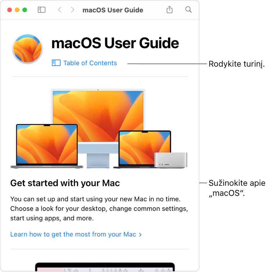 „macOS“ pradžios puslapis, kuriame rodoma turinio nuoroda.