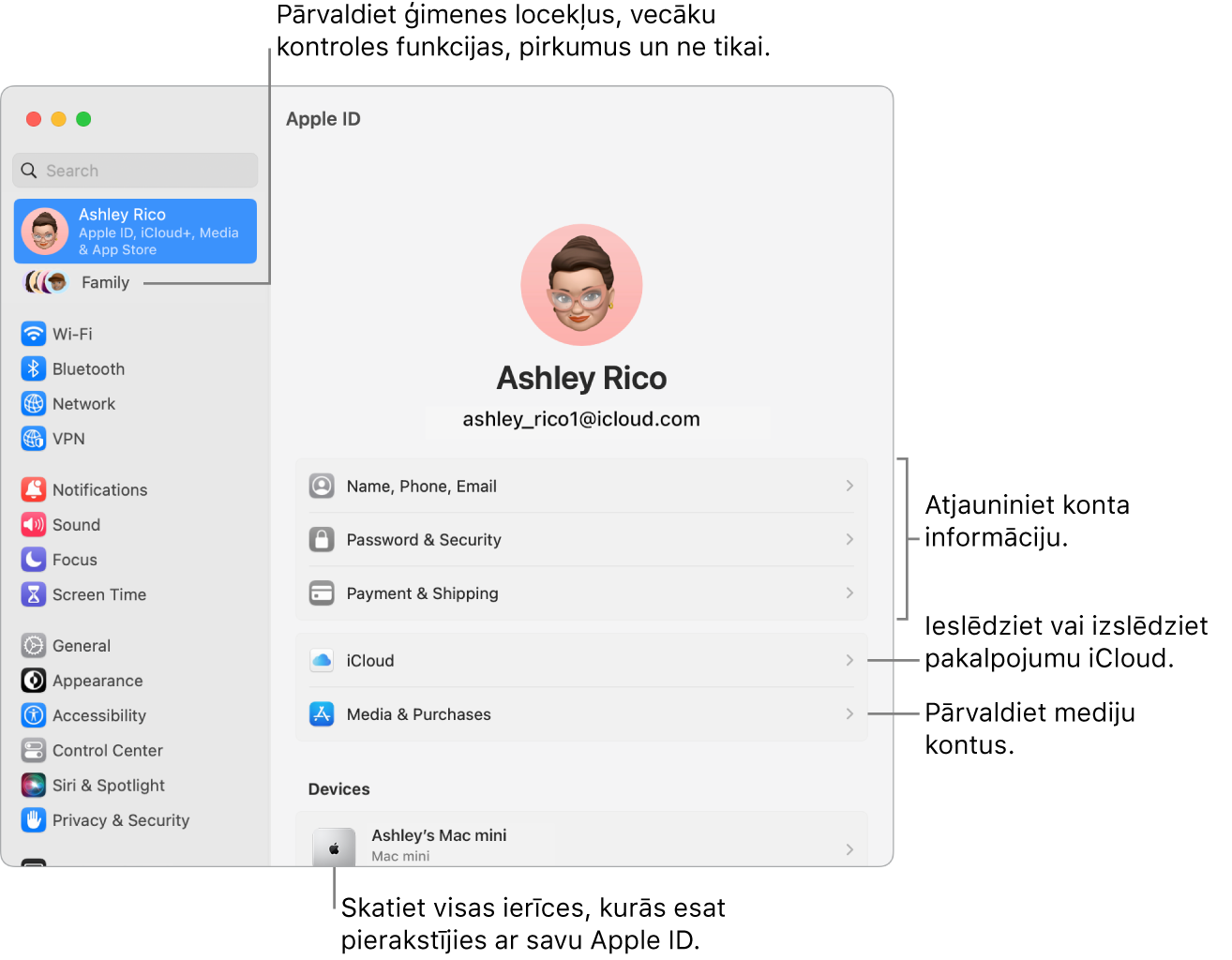 Apple ID iestatījumi izvēlnē System Settings ar remarkām atjaunināt konta informāciju, ieslēgt vai izslēgt iCloud funkcijas, pārvaldīt kontus, un sadaļu Family, kur varat pārvaldīt ģimenes locekļus, vecāku kontroles funkcijas, pirkumus un ne tikai.