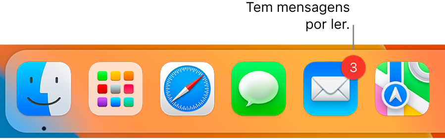 Uma secção da Dock a mostrar o ícone da aplicação Mail com um emblema, a indicar o número de mensagens não lidas.