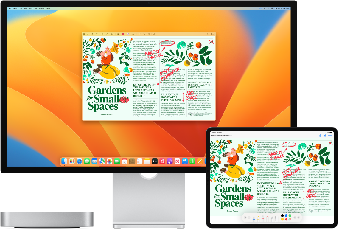 Mac mini та iPad поруч. На обох екранах показано статтю з рукописними червоними редакторськими мітками, як-от викреслені речення, стрілки й додані слова. Унизу екрана iPad також відображаються інструменти коригування.