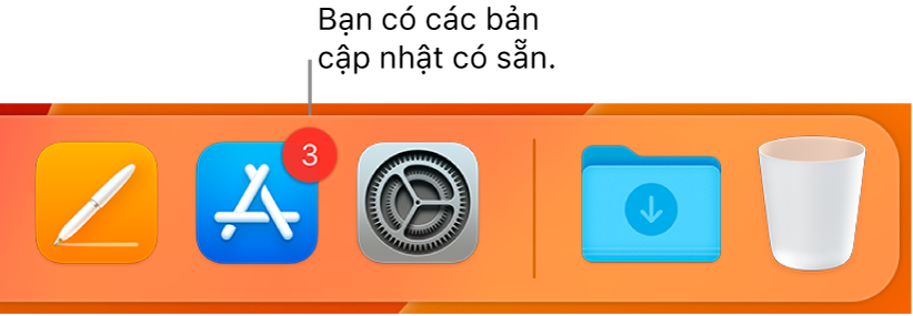 Một phần của Dock đang hiển thị biểu tượng App Store với một biểu trưng, biểu thị rằng có sẵn các bản cập nhật.