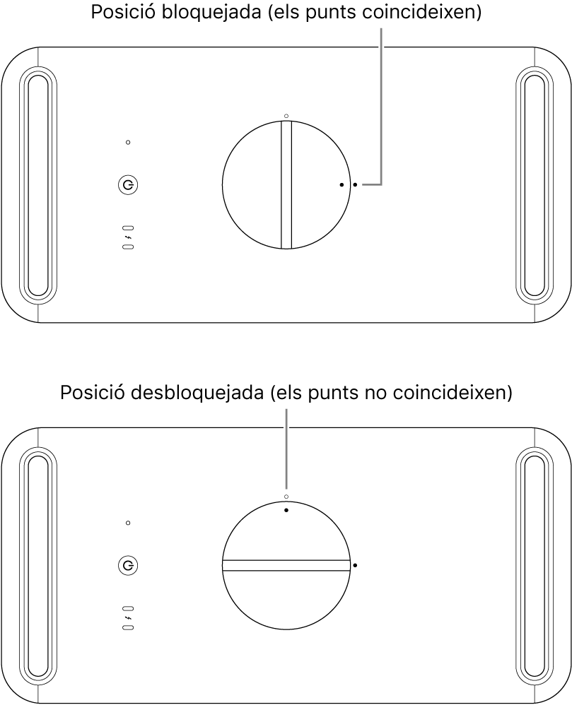 Part superior de la carcassa de l’ordinador en què es veu el passador en les posicions bloquejada i desbloquejada.