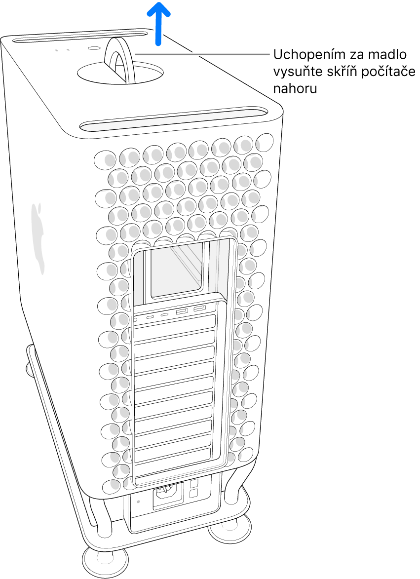 Vyklopení a otočení madla a následné vysunutí krytu počítače směrem nahoru