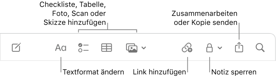 Die Symbolleiste der App „Notizen“ mit Legenden zu den Tools für Checklisten, Tabellen, Links, Fotos/Medien, Schutz, Teilen und Senden einer Kopie.