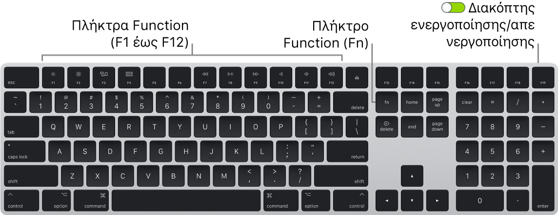 Το πληκτρολόγιο Magic Keyboard στο οποίο φαίνεται το πλήκτρο Function (Fn) στην κάτω αριστερή γωνία και ο διακόπτης ενεργοποίησης/απενεργοποίησης στην επάνω δεξιά γωνία του πληκτρολογίου.