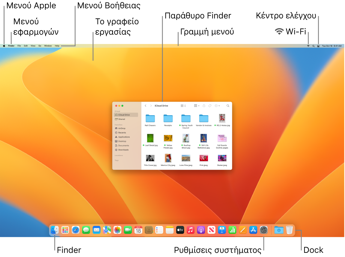 Οθόνη Mac όπου εμφανίζεται το μενού Apple, το μενού εφαρμογής, το μενού «Βοήθεια», το γραφείο εργασίας, η γραμμή μενού, ένα παράθυρο Finder, το εικονίδιο Wi-Fi, το εικονίδιο του Κέντρου ελέγχου, το εικονίδιο Finder, το εικονίδιο «Ρυθμίσεις συστήματος» και το «Dock».