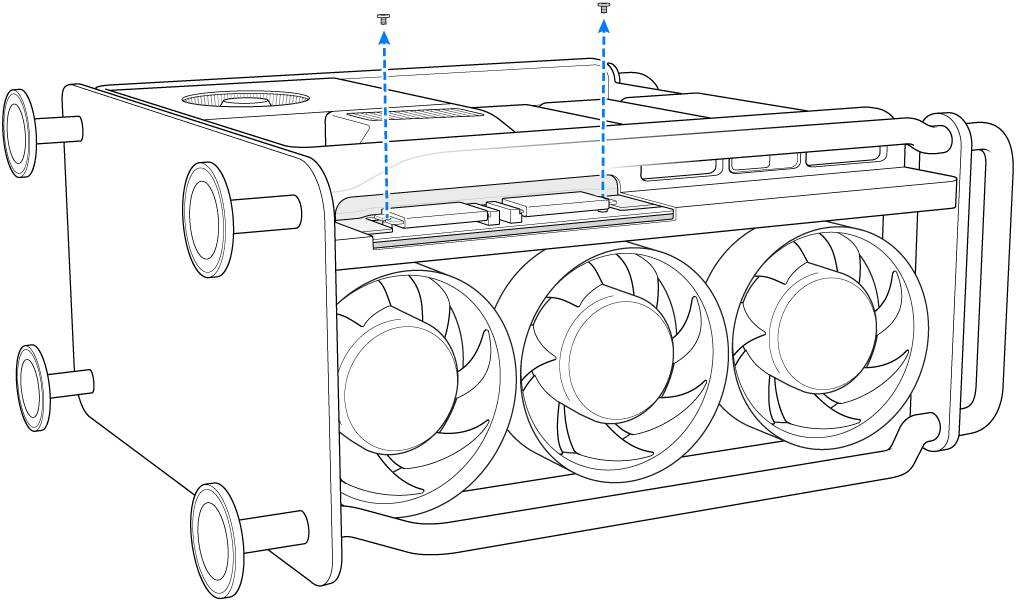 Mac Pro on its side and showing two screws being removed.