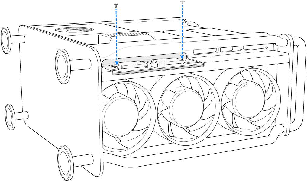 Mac Pro on its side and showing two screws being installed.