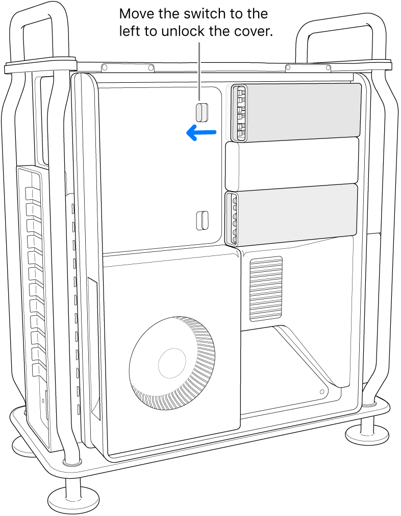 The switch is being moved to the left to unlock the DIMM cover.