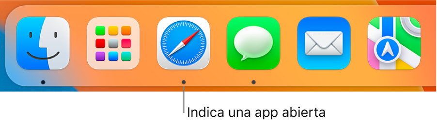 Una parte del Dock mostrando íconos de apps con un punto negro debajo.