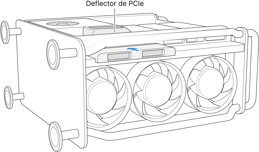 Se muestra el deflector PCIe y la cubierta del SSD de una Mac Pro colocada sobre un lado.