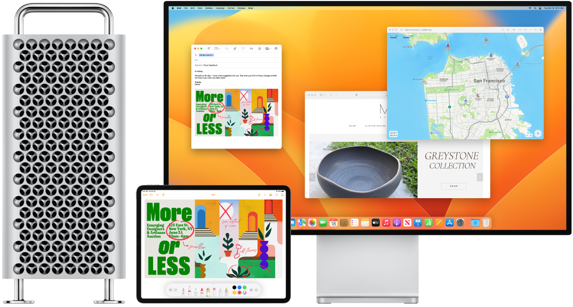 Se muestra una Mac Pro junto a un iPad. La pantalla del iPad muestra un anuncio con anotaciones. La pantalla conectada a la Mac Pro tiene un correo de Mail con el diseño del volante con anotaciones del iPad en forma de archivo adjunto.