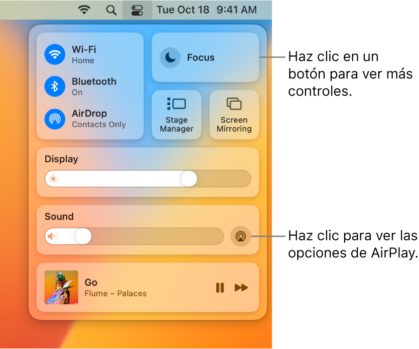 Vista con zoom del centro de control en la Mac.
