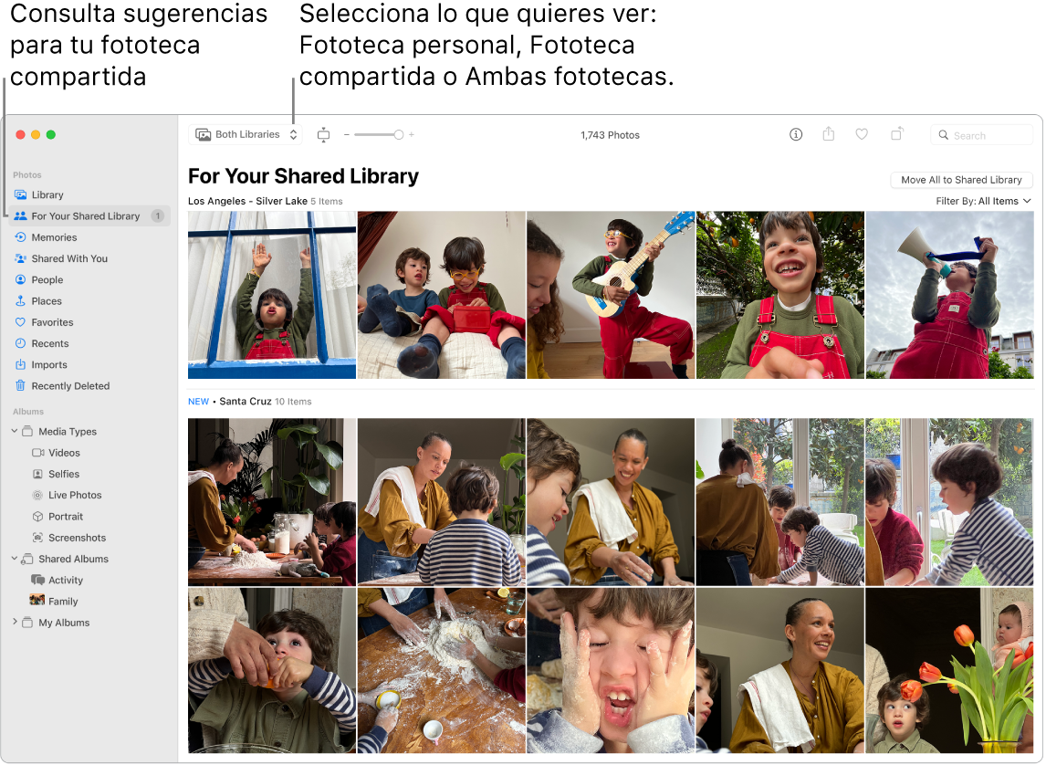 La ventana Fotos con las fototecas personal y compartida, y sugerencias de fotos para añadirlas a la fototeca compartida.