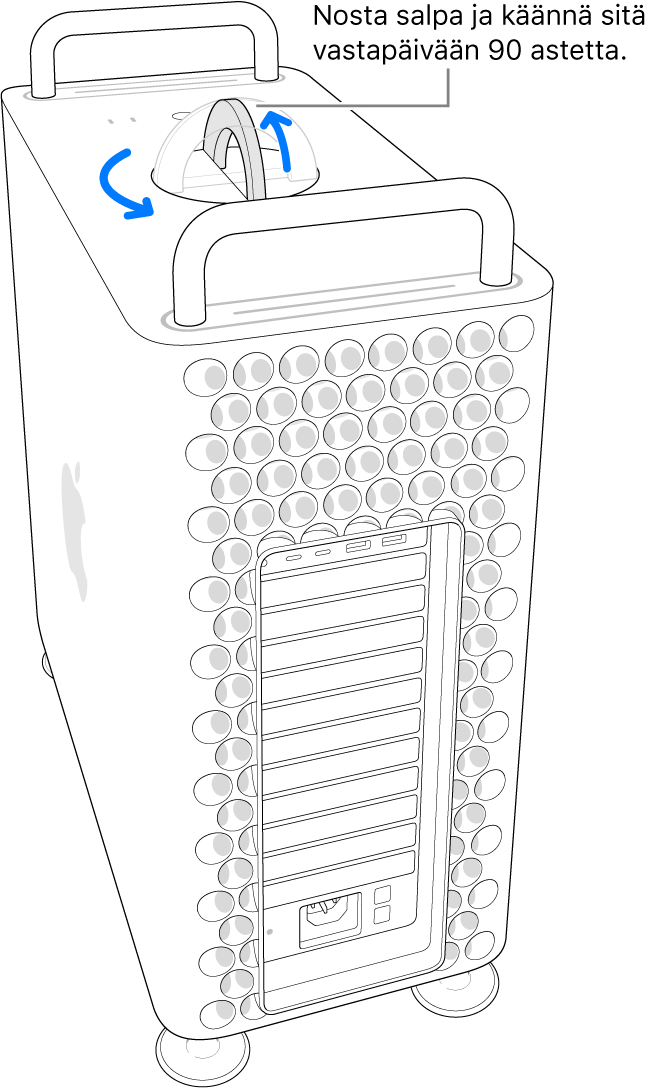 Tietokoneen kotelon poistamisen ensimmäinen vaihe, jossa nostetaan salpa ja käännetään sitä 90 astetta.