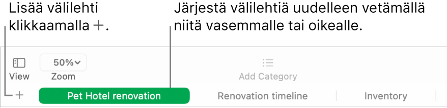 Numbers-ikkuna, jossa näkyy, miten lisätään uusi välilehti ja miten välilehdet järjestetään uudelleen.