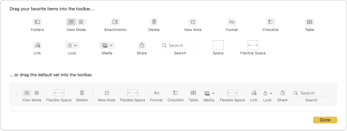 Fenêtre de Notes affichant les options disponibles de la barre d’outils personnalisée.