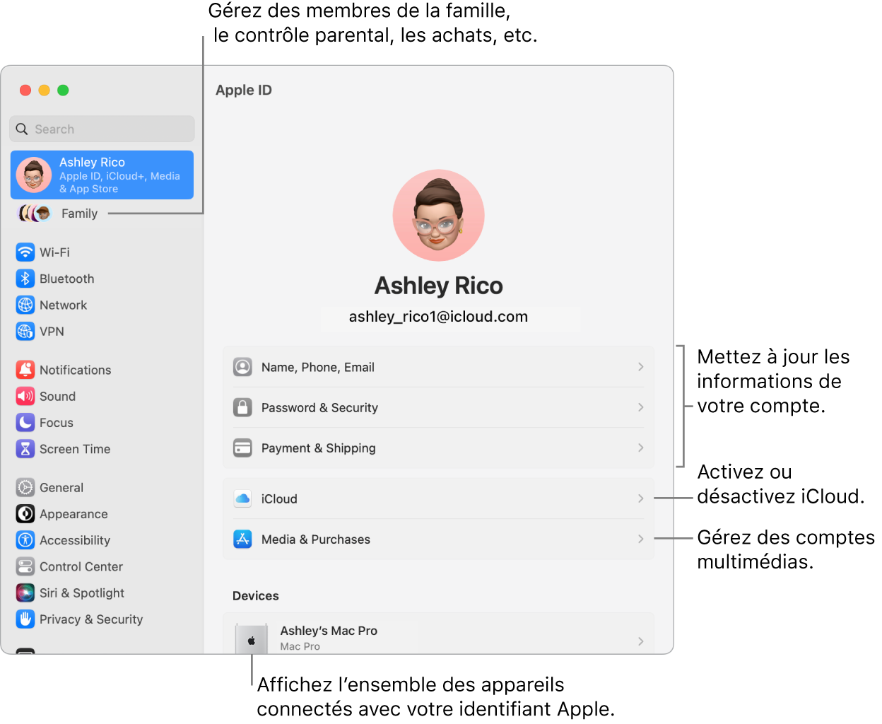 Sous-fenêtre de l’identifiant Apple dans « Réglages Système » avec des légendes pour la mise à jour des informations du compte, l’activation ou la désactivation des fonctionnalités iCloud, la gestion des comptes multimédias, et Famille, où vous pouvez gérer les membres de votre famille, les contrôles parentaux, les achats, et plus encore.