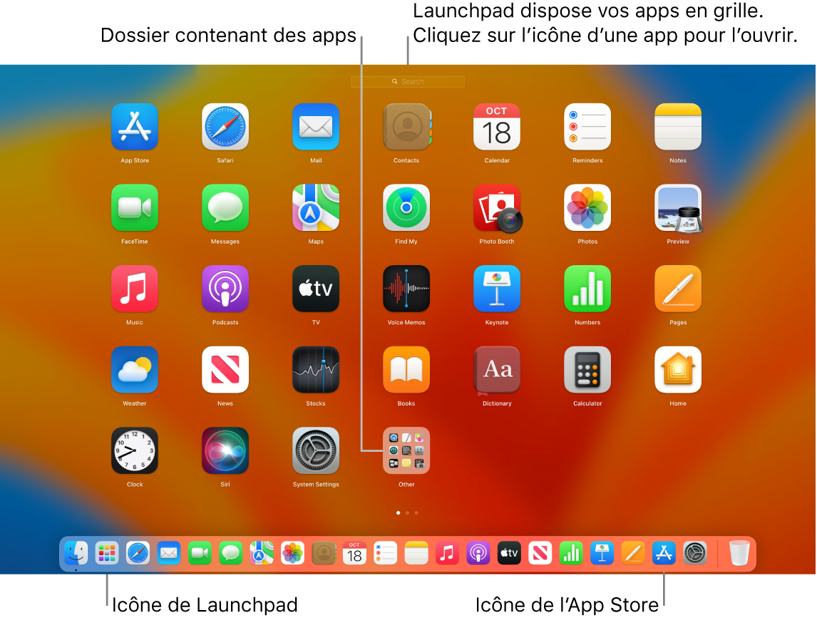 L’écran du Mac avec Launchpad ouvert, affichant un dossier d’apps dans Launchpad, et les icônes Launchpad et App Store dans le Dock.