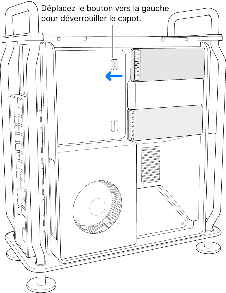 Le bouton est poussé vers la gauche pour déverrouiller le cache des DIMM.