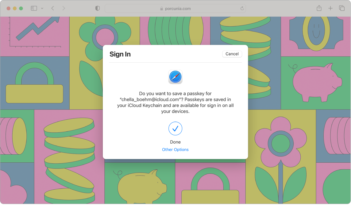 Fenêtre Safari montrant une zone de dialogue de connexion demandant si l’utilisateur souhaite enregistrer une clé d’identification. La zone de dialogue indique que les clés d’identification sont enregistrées dans votre trousseau iCloud et permettent de se connecter sur tous vos appareils. Une coche bleue indique que la clé d’identification a été créée, et un lien renvoyant à « Autres options » permet de créer une clé d’identification.