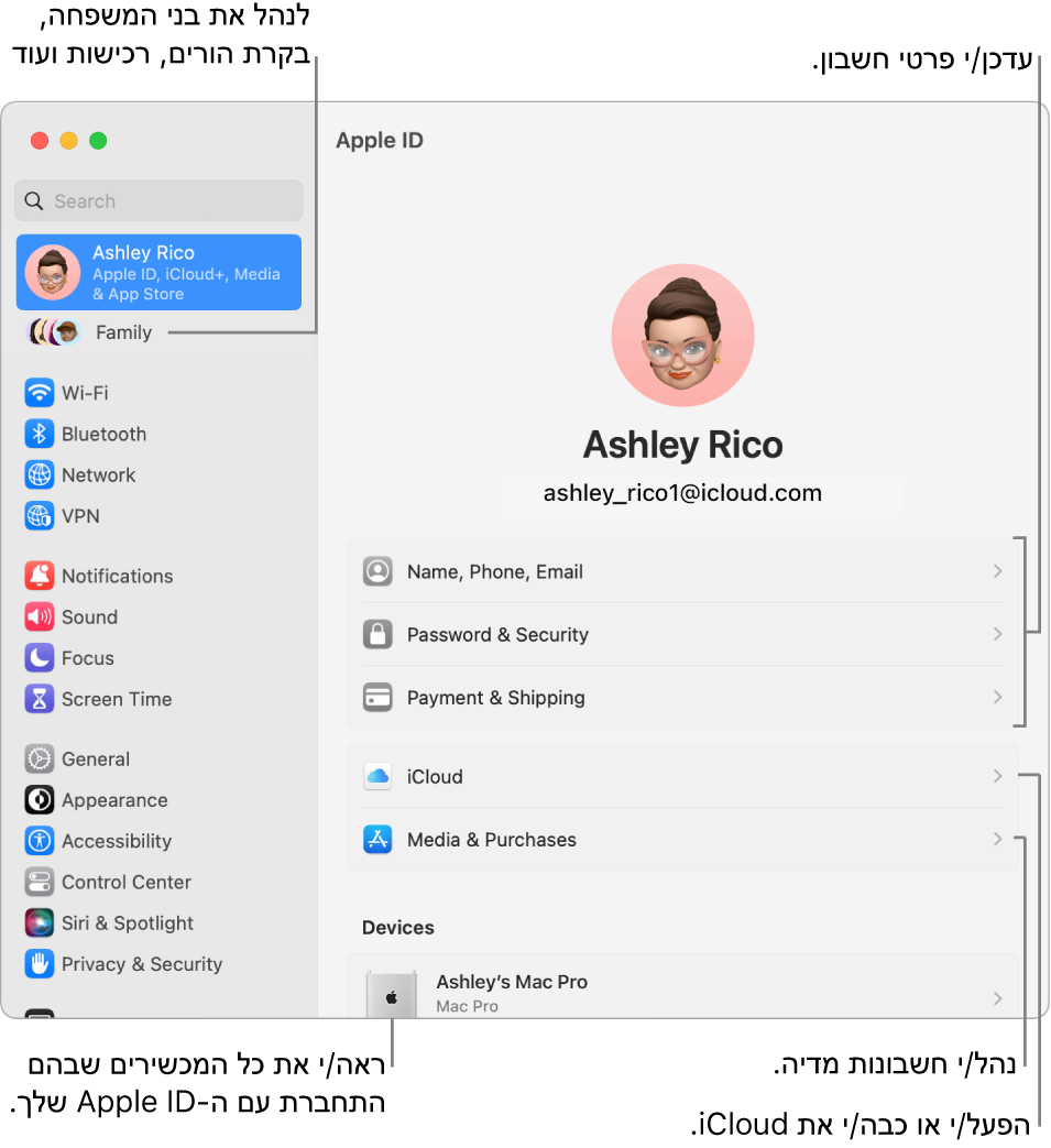חלונית Apple ID ב״הגדרות המערכת״ עם הסברים על עדכון פרטי החשבון, הפעלה או כיבוי של מאפייני iCloud, ניהול חשבונות מדיה ו״משפחה״, שם ניתן לנהל בני משפחה, בקרי הורים, רכישות ועוד.