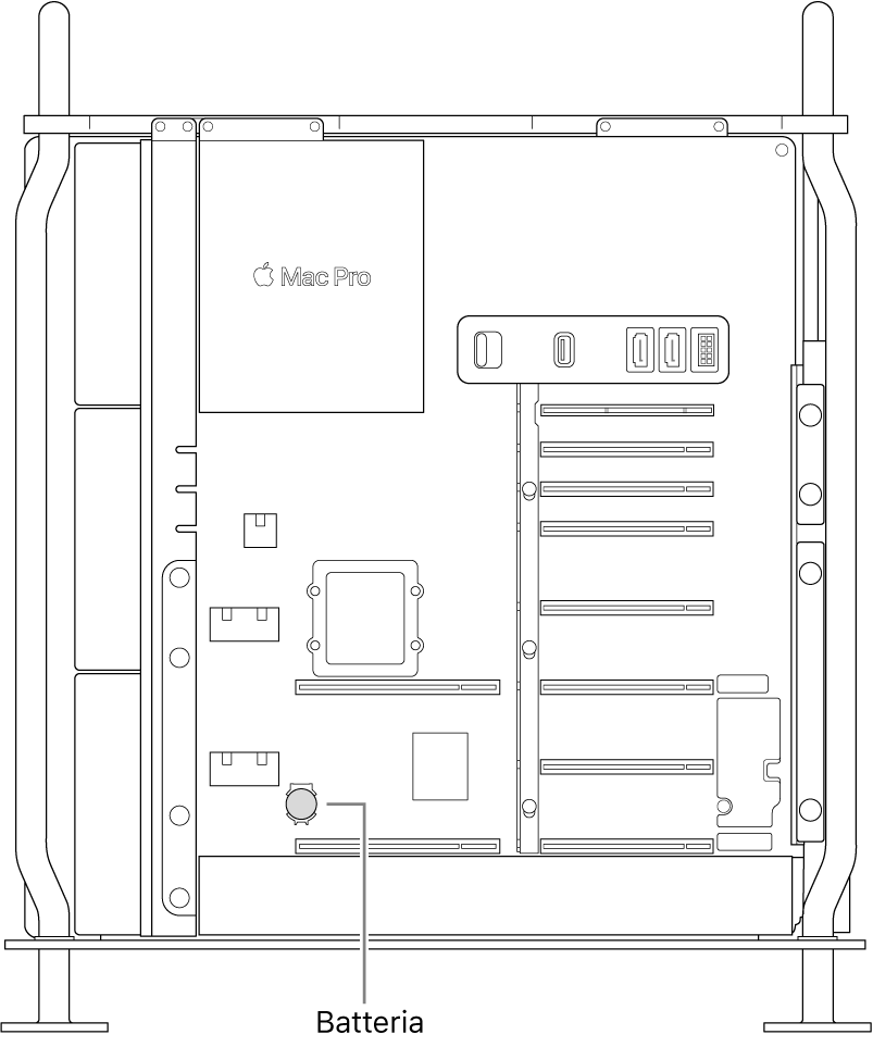 Una vista laterale di Mac Pro aperto che illustra dove è posizionata la batteria a bottone.