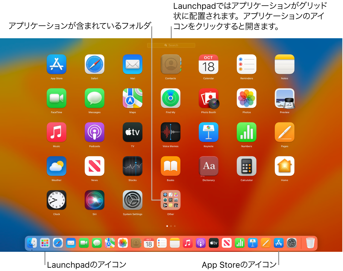 Macの画面。Launchpadが開いていて、Launchpad内のアプリケーションのフォルダ、およびDock内のLaunchpadアイコンとApp Storeアイコンが示されています。