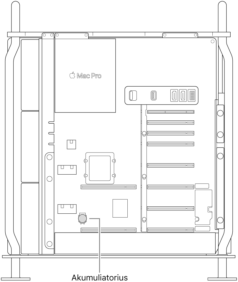 Atverto „Mac Pro“ vaizdas, kuriame matosi diskinio elemento akumuliatoriaus vieta.