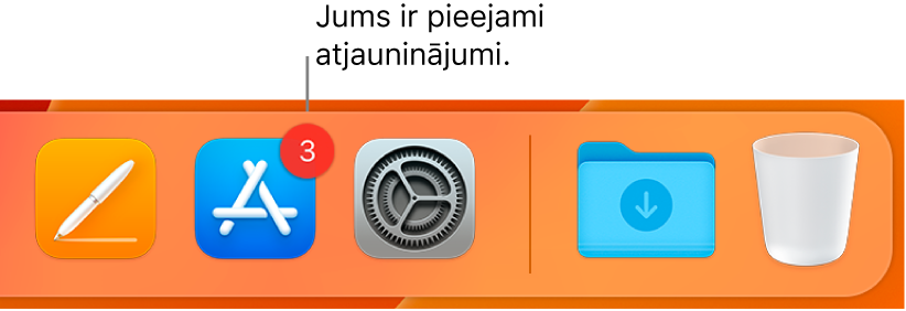 Joslas Dock sadaļa, kurā redzama lietotnes App Store ikona ar emblēmu, kas norāda uz pieejamiem atjauninājumiem.