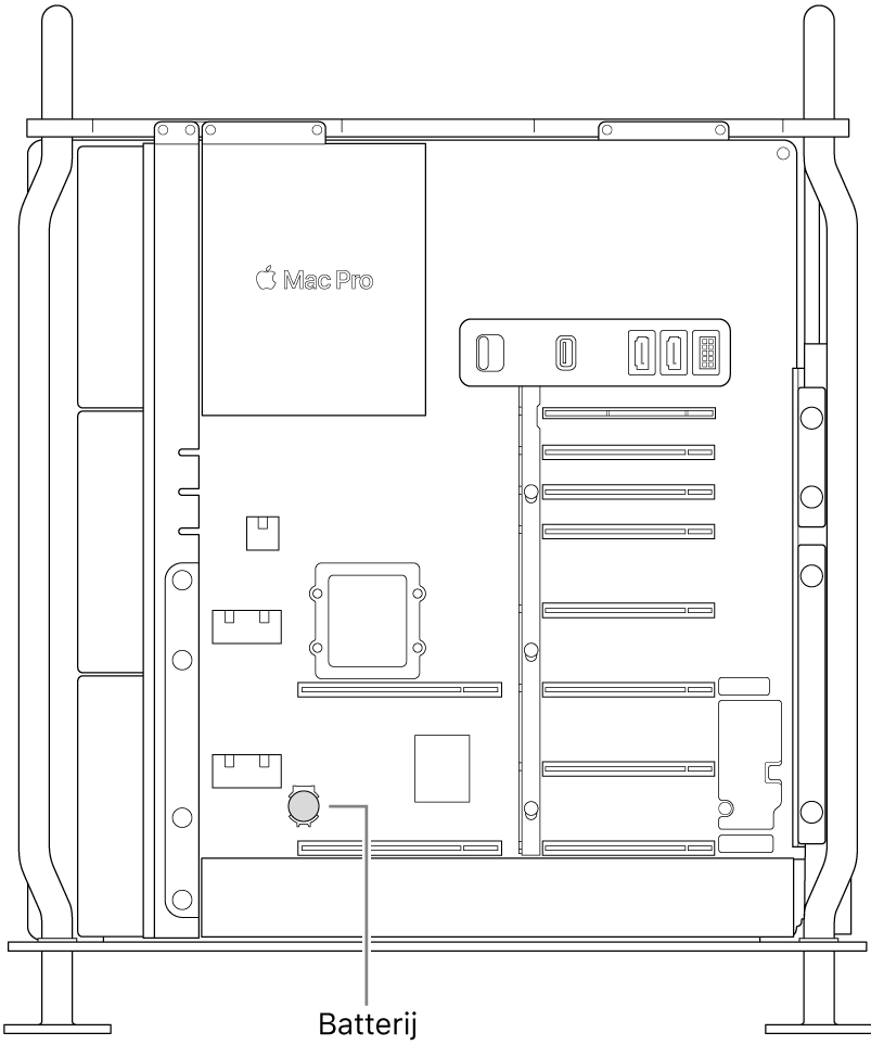 Zijaanzicht van een geopende Mac Pro met de locatie van de knoopcelbatterij.