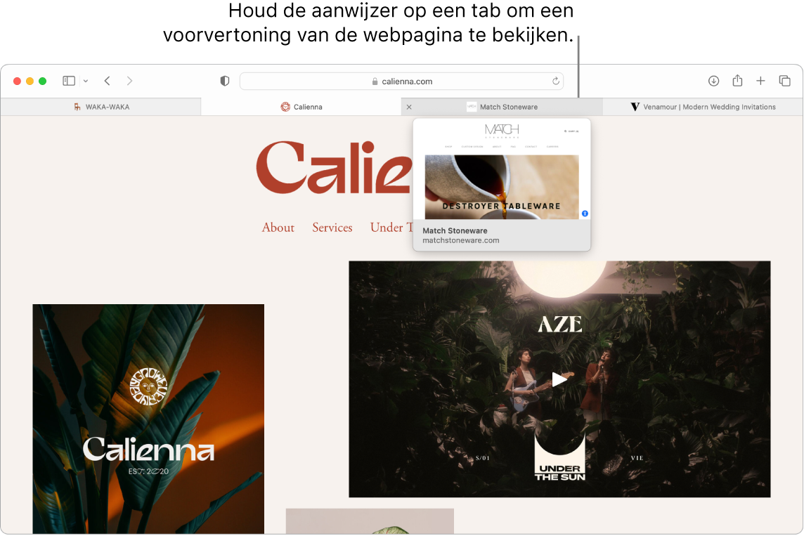 Een Safari-venster met een actieve webpagina getiteld 'Calienna' en drie andere tabbladen. Een bijschrift verwijst naar een voorvertoning van het tabblad 'Match Stoneware' met de tekst 'Houd de aanwijzer op een tab om een voorvertoning van de webpagina te bekijken'.