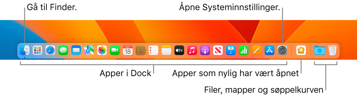 Dock, som viser Finder, Systeminnstillinger og linjen i Dock som skiller apper fra filer og mapper.