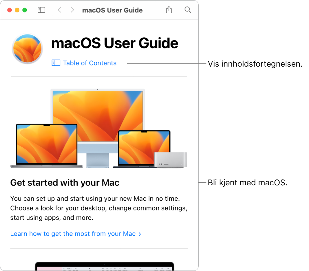 Velkomstsiden i Brukerveiledning for macOS som viser Innholdsfortegnelse-lenken.