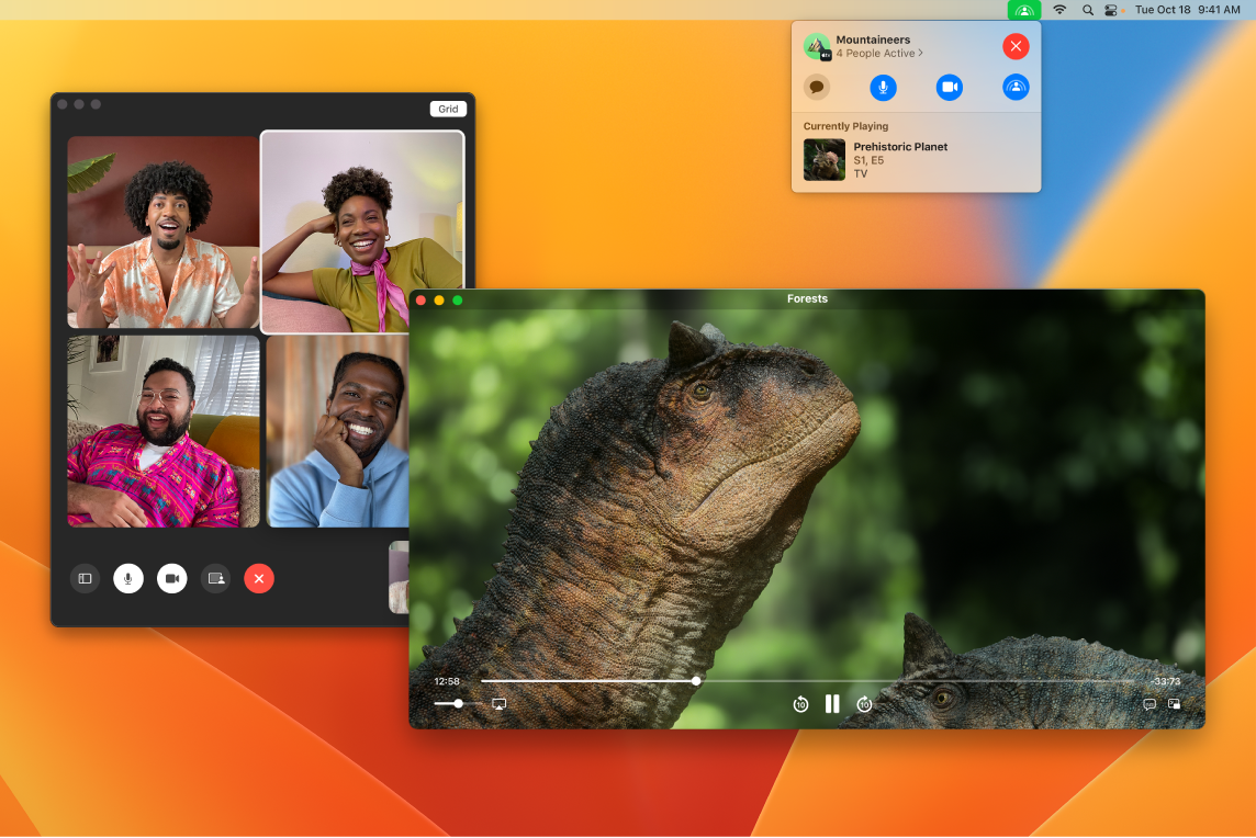 En delt opplevelse hvor en gjeng ser en episode av Prehistoric Planet i Apple TV-appvinduet, og de som ser på, vises i FaceTime-vinduet.