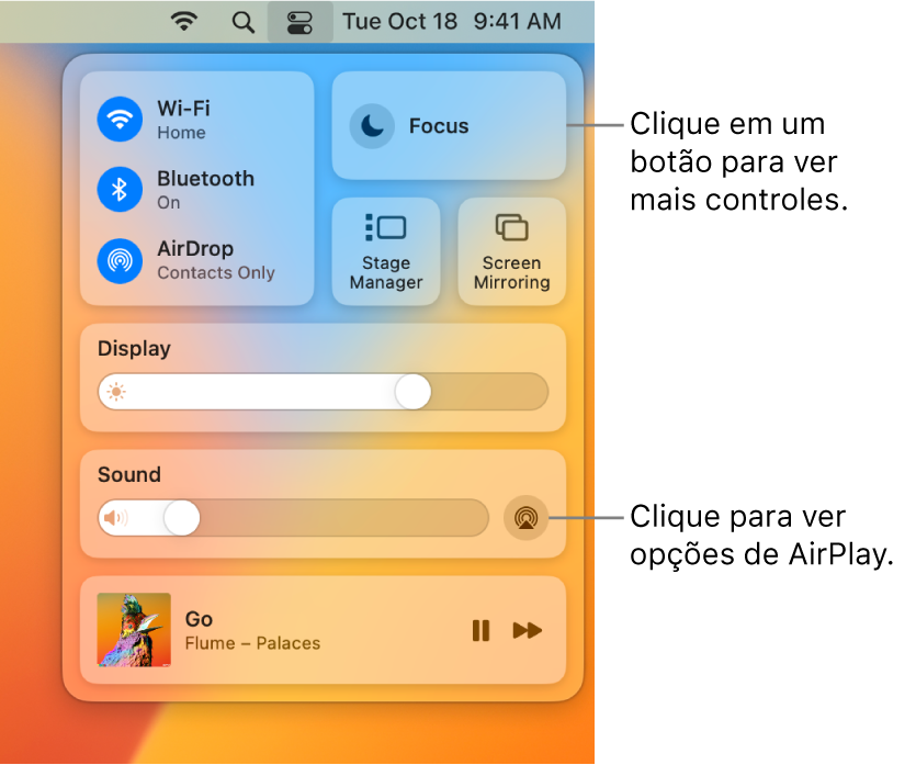 Visualização ampliada da Central de Controle no Mac.