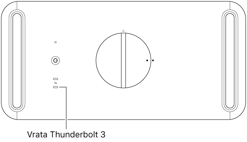 Zgornja stranica računalnika Mac Pro s prikazom ustreznega vhoda Thunderbolt 3, ki ga morate uporabiti.