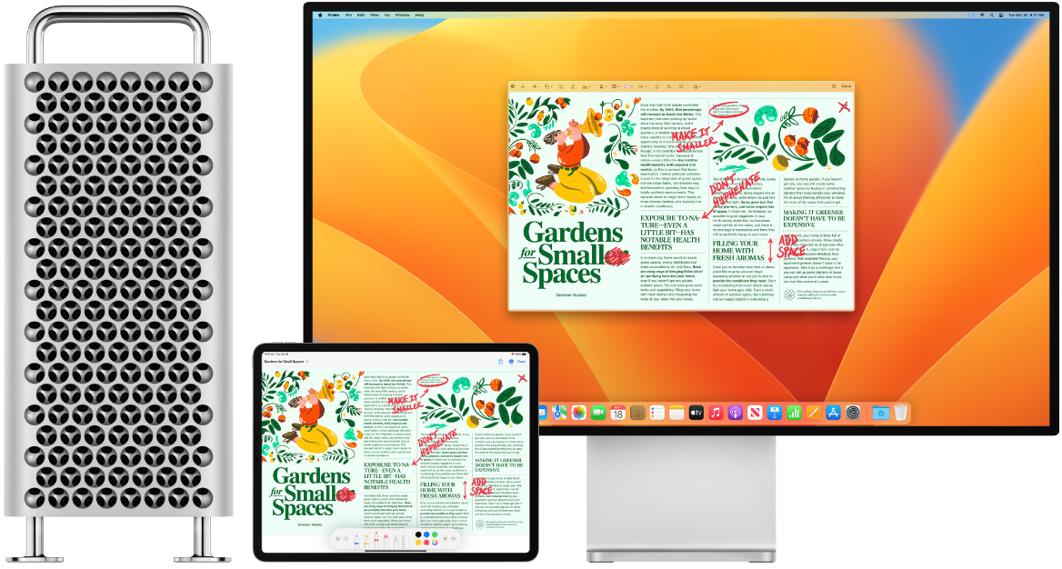 Mac Pro และ iPad ตั้งอยู่ข้างกัน จอภาพทั้งสองแสดงบทความที่เต็มไปด้วยการแก้ไขที่เป็นเส้นขยุกขยิกสีแดง เช่น ประโยคที่ถูกขีดฆ่า ลูกศร และคำที่ถูกเพิ่ม นอกจากนี้ iPad ยังมีตัวควบคุมการทำเครื่องหมายอยู่ที่ด้านล่างสุดของหน้าจอด้วย