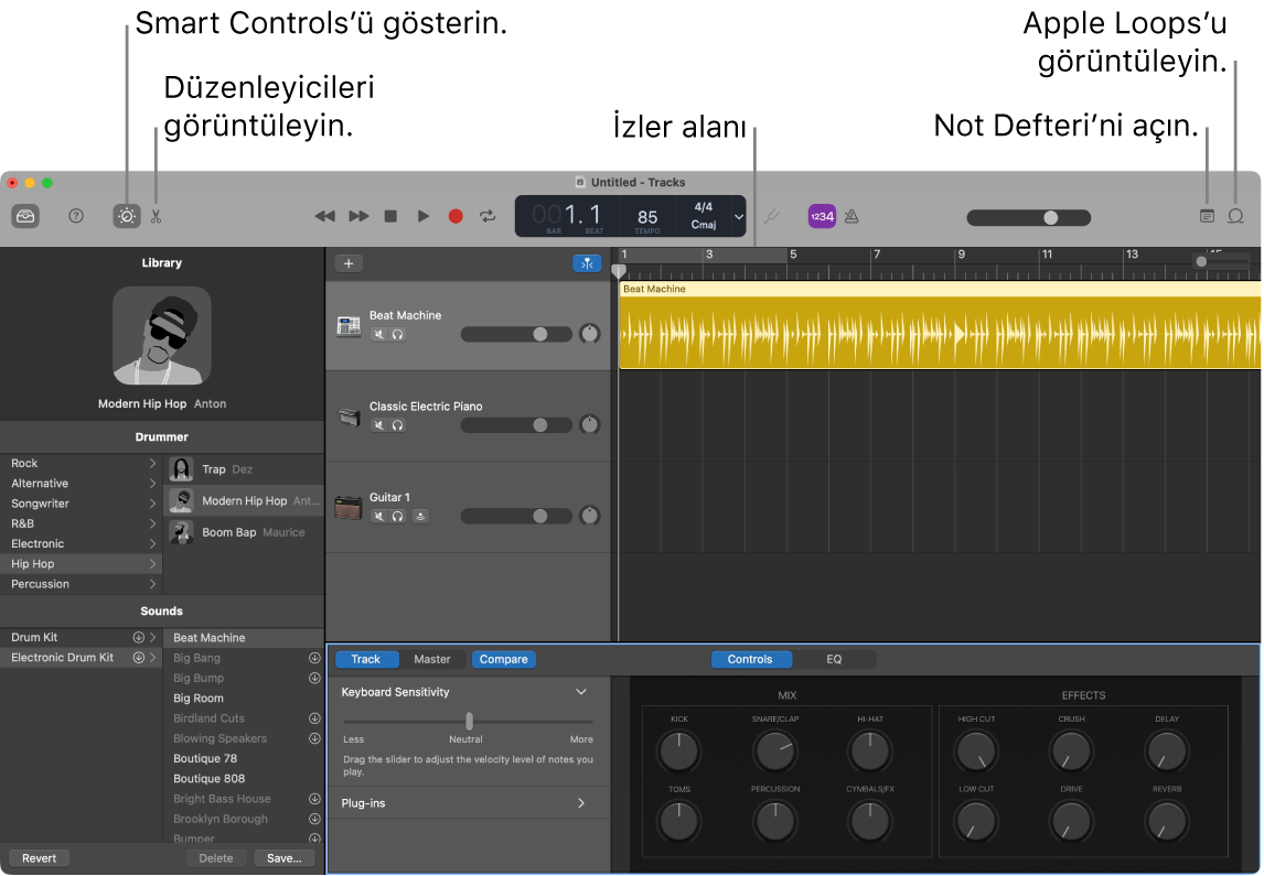 Smart Controls’e, Düzenleyiciler’e, Notlar’a ve Apple Loops’a erişim düğmelerini gösteren bir GarageBand penceresi. Ayrıca, izler görüntüsünü gösterir.