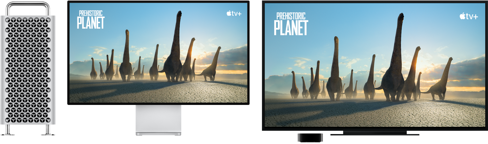 Apple TV kullanılarak içeriği büyük HDTV’ye yansıtılmış bir Mac Pro.