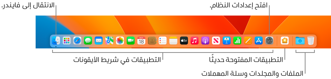 شريط الأيقونات يعرض فايندر، وإعدادات النظام، والخط الذي يفصل بين التطبيقات وبين الملفات والمجلدات في شريط الأيقونات.