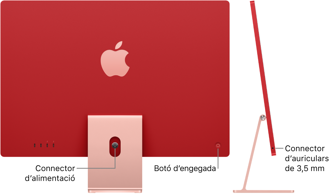 Vista posterior de l’iMac en què es veuen el connector d’alimentació i el botó d’engegada. Al costat, hi ha una vista lateral en què es veu l’entrada dels auriculars.