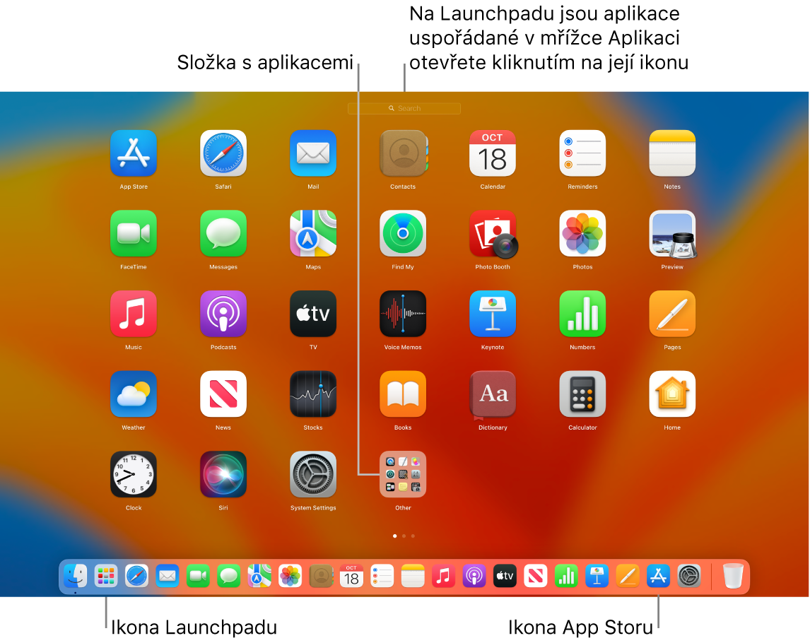 Obrazovka Macu s otevřeným Launchpadem, na níž je vidět složka aplikací v Launchpadu a také ikony Launchpadu a App Storu v Docku