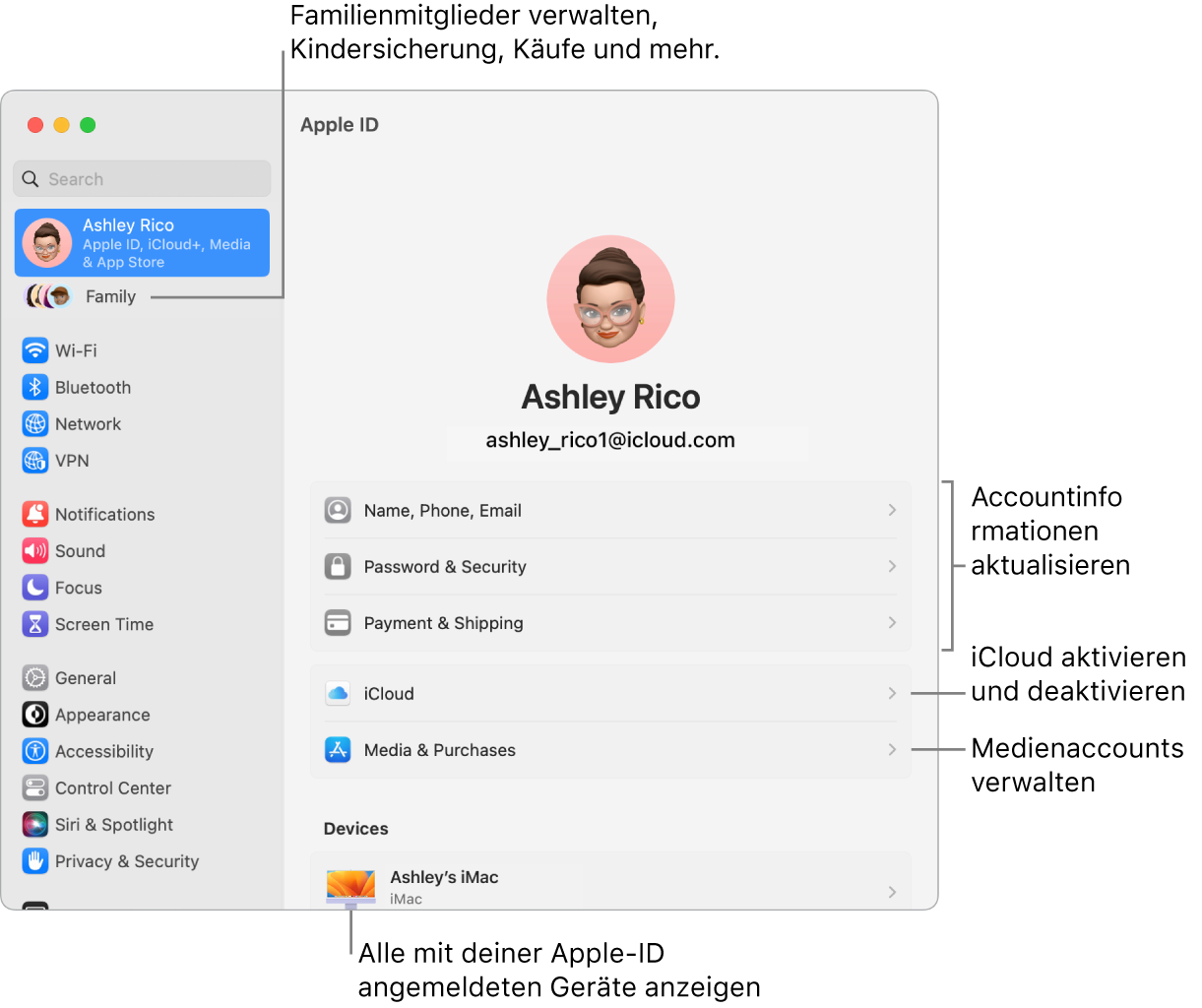 Apple-ID-Einstellungen in den Systemeinstellungen mit Beschriftungen zum Aktualisieren der Accountinformationen, Ein- bzw. Ausschalten von iCloud-Funktionen, Verwalten von Medienaccounts und für die Funktion „Familie“, um Familienmitglieder, Kindersicherung, Käufe und mehr zu verwalten.