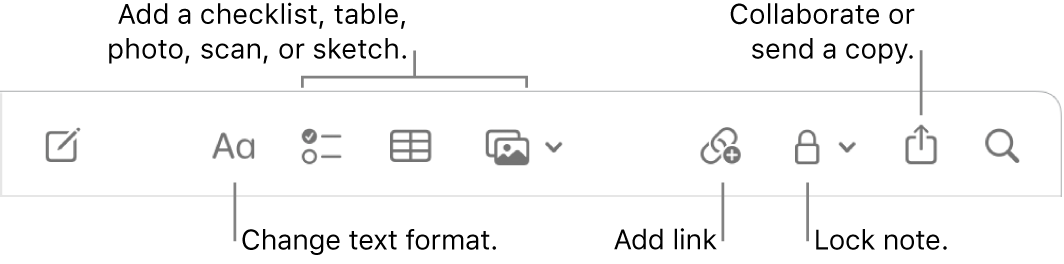 The Notes toolbar with callouts to the text format, checklist, table, link, photos/media, lock, share, and send a copy tools.