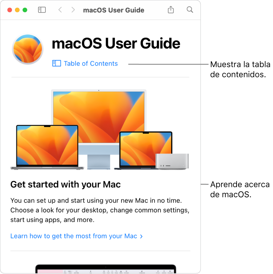 La página de bienvenida del Manual de usuario de macOS con el enlace a la tabla de contenido.